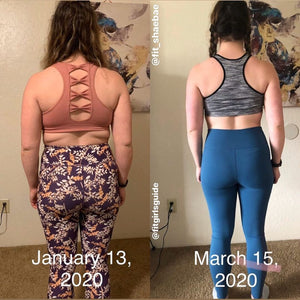 A woman with her back to the camera taking before and after photos showing off her 90 day results.