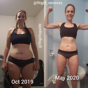 A woman in a before and after photo flexing while smiling and showing off her new muscles.