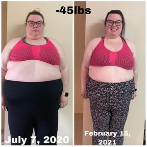 A woman posing for before and after photos smiling after losing 45 pounds.