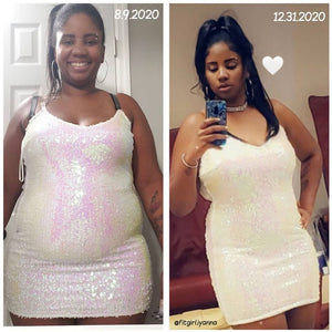 A woman in a before and after photo give a big smile and taking a selfie in a mirror with her phone wearing a white dress.