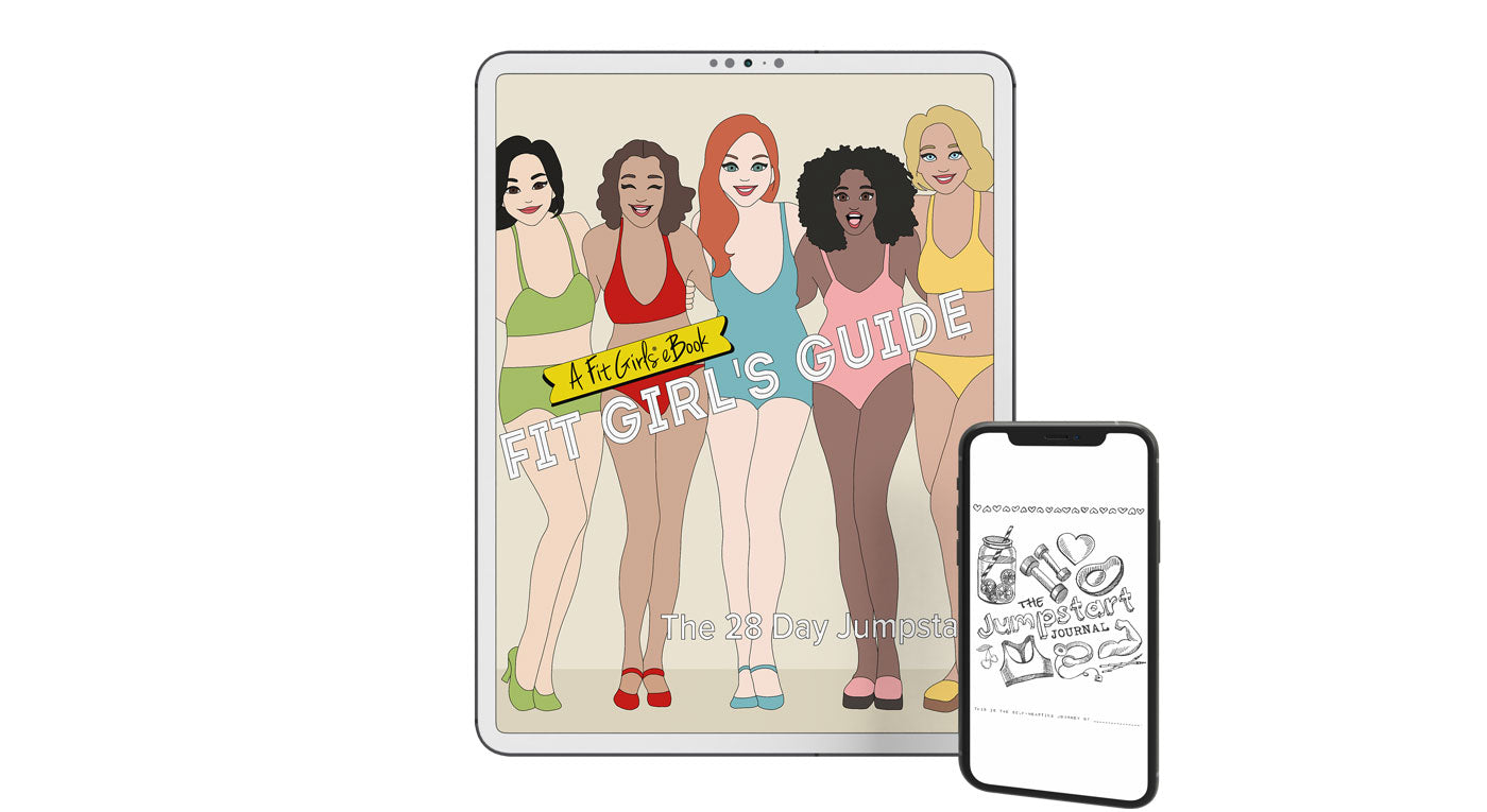 A product image of our best selling guide called 28 Day Jumpstart featured on a white iPad containing 5 women from various racial backgrounds wearing swimsuits.