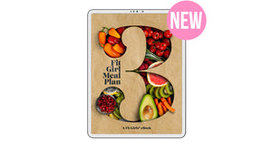 A product image of our newest guide called Meal Plan 3 featured on a white iPad containing pictures of avocados, carrots, tomatoes, and kiwi fruit.