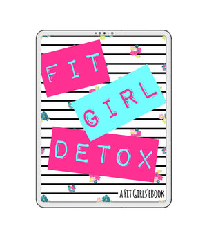 A product image of our guide called Fit Girl Detox featured on a white iPad containing images of tiny little red and pink flowers in the background.