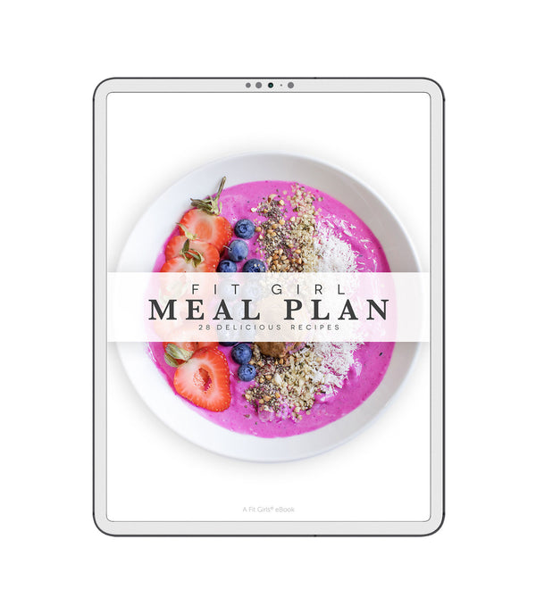 A product image of our guide called Fit Girl Meal plan featured on a white iPad containing an image of a pink smoothie bowel that has strawberries and blueberries on top.