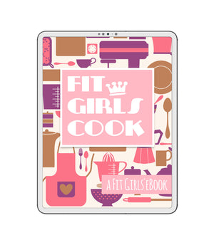 A product image of our guide called Fit Girls Cook featured on a white iPad containing images of kitchen aprons, blenders, tea kettles, and silverware for eating food.