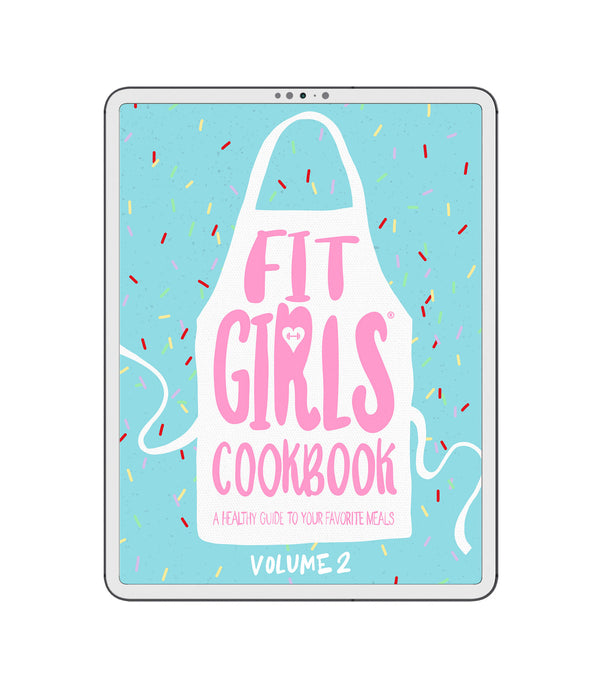 A product image of our guide called Fit Girls Cook 2 featured on a white iPad containing an image of a white kitchen apron on a blue background covered in multi colored sprinkles.