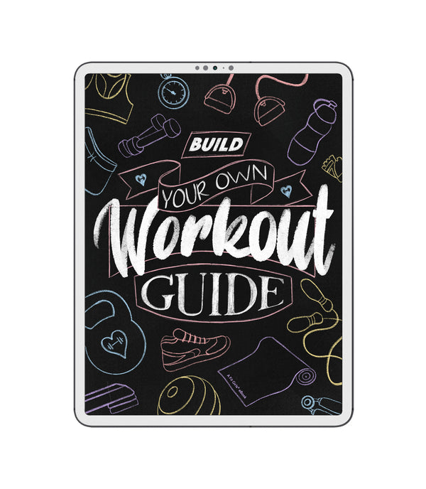 A product image of our guide called Build Your Own Workout Guide featured on a white iPad containing images of kettlebells, running shoes, and a yoga mat.