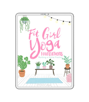 A product image of our guide called Fit Girl Yoga featured on a white iPad containing images of various house plants, string lighting, and a yoga mat on the floor in front of a bench.