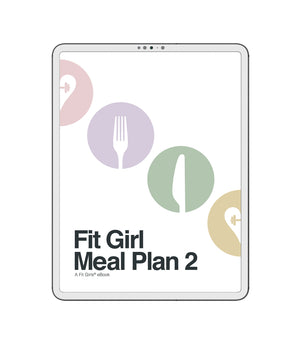 A product image of our guide called Fit Girl Meal 2 plan featured on a white iPad containing images of our heart logo with dumbbell weights inside, and a fork and a knife in purple and green circles.