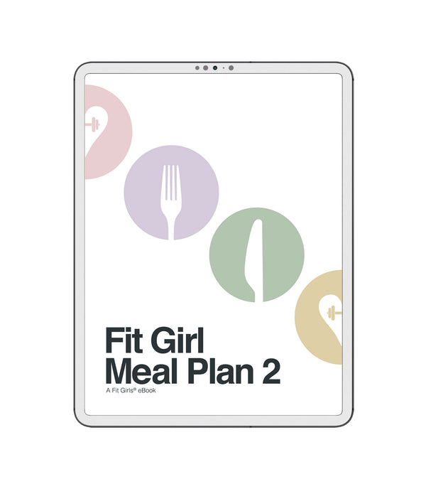 A product image of our guide called Fit Girl Meal 2 plan featured on a white iPad containing images of our heart logo with dumbbell weights inside, and a fork and a knife in purple and green circles.